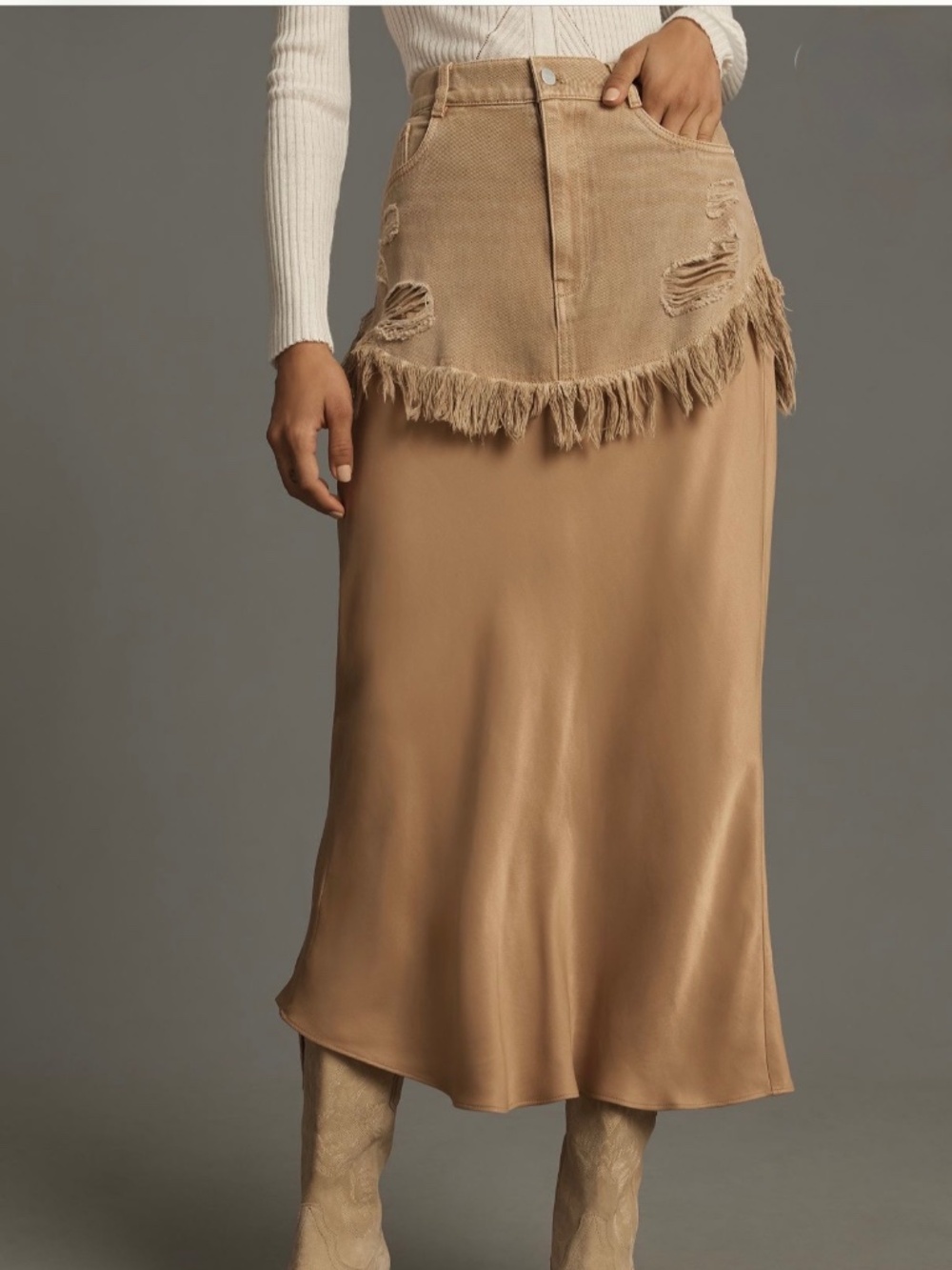 Anthropologie Pilcro Twofer Slip Tan Denim Midi Skirt Size 8